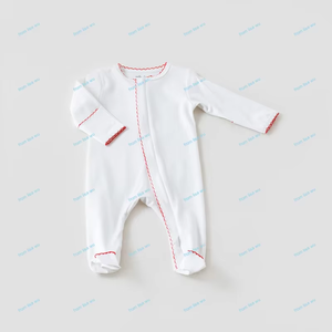 Hot Sale Red Picot Trim 100% Combed Cotton White Blank Newborn <strong>Baby</strong> <strong>Coming</strong> <strong>Home</strong> <strong>Outfits</strong> - Product Image 2