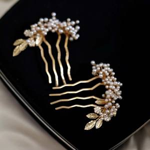 विंटेज सोने के पत्ते के फूल मोती बाल-2 टुकड़े दुल्हन बालों के लिए पिन मिश्र धातु सामग्री सोना - Product Image 6