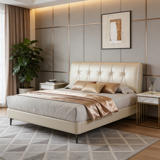 Italian Modern Minimalist Style Luxurious Genuine Leather Upholstered Durable Comfortable Soft Bed Eco-Friendly Wood Frame