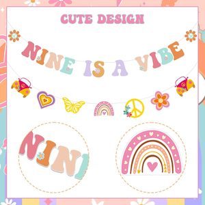 Striscione per il 9° Compleanno 'Groovy Nine Is a Vibe', Decorazioni Retrò e Hippie con Arcobaleno, Accessori per Feste Bohémien - Product Image 5