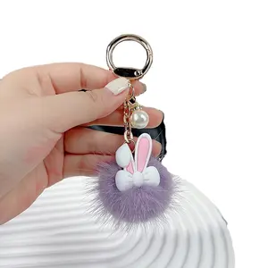 DIY mink fur Furry Bunny Keychain For Customized Design Fur Rabbit Key ring pom poms ball small gift bag charm keychains