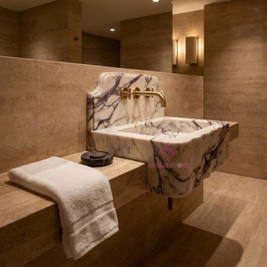 Évier de luxe en marbre Calacatta Viola fait <span class=keywords><strong>main</strong></span> avec crédence, mural, vasque en pierre naturelle sur mesure <span class=keywords><strong>pour</strong></span> salles de bain - Product Image 5
