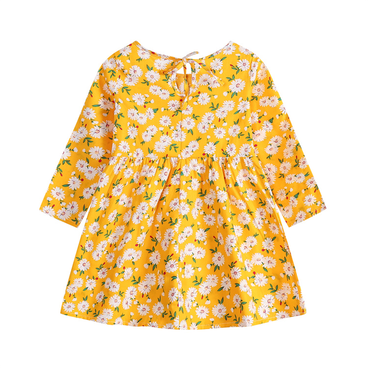 Wholesale OEM Long Sleeve Baby Dresses girl Kid Clothing Yellow Daizy Flower Dress for Kids