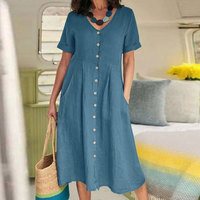 Robe longue ample vintage unie taille haute en coton et lin Printemps/Été 2026