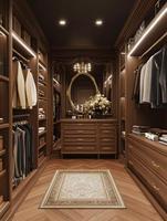 Dressing sur mesure en bois massif américain avec coiffeuse intégrée, éclairage LED et rangement de luxe pour chambre principale de villa