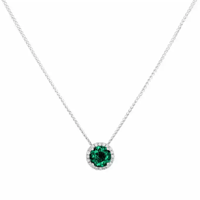 Firstmadam Lab Created Emerald and Diamond 14kt White Gold Pendant Necklace