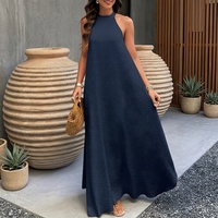 Robe longue évasée texturée bleu marine sans manches à col halter, style décontracté pour les vacances, robe de plage ample grande taille pour femme, personnalisation acceptée