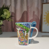 Ensemble de tasses souvenirs Paris New York City imprimées personnalisées tasses à café en céramique en grès de gros design de couleur intérieure avec cuillère