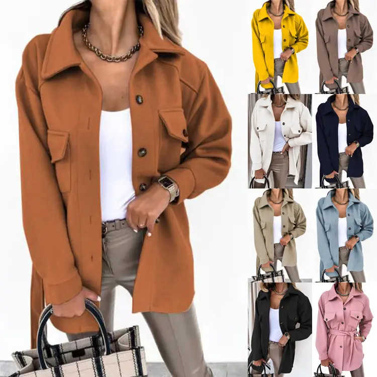 Womens Shacket Jackets Long Sleeve Button Down Shirts Trench Pea Coat
