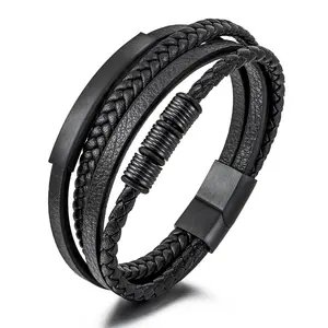 Multi Layers Leather Woven Stainless Steel Bracelets Mens Titanium Steel Magnet Buckle Genuine Leather Bracelets