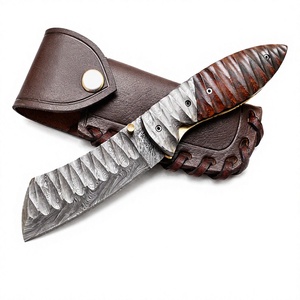 Cuchillo Plegable de Acero de Damasco y Obsidiana con Funda de Cuero Personalizada, Hoja de Punta Caída, Cuchillo de Caza - Product Image 3