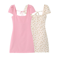 Robe d'été courte décontractée à la mode pour femmes, à col carré, à pois, à manches courtes, à lacets, 2 coloris