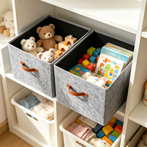 Cesto de Almacenamiento de Fieltro Gris, Cesto de Tela Plegable con Asa de Cuero, Caja Organizadora Plegable para Armario - Product Image 6