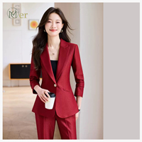 Setelan Bisnis Wanita Mier 2-Piece Double Breasted Solid Woven Bordir Anti-Kusut Blazer Kancing V-neck Lengan Panjang untuk Kantor