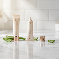 Tubo exprimible de PE color champán mate con impresión de logotipo personalizado y tapa electrochapada en oro rosa para crema tonificante UV.
