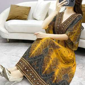 2025 été élégant rétro Style bohème robe à col en v nouveau décontracté grande balançoire imprimé longue jupe taille tombée droite pour - Product Image 2