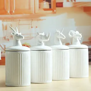 Белая полоска с животным дизайном цилиндр фарфоровая керамическая банка для печенья конфеты с крышкой
