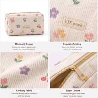 Pochette zippée en velours côtelé à imprimé floral de lapin de dessin animé, étiquette personnalisée, sac de rangement cosmétique portable, organiseur de maquillage de voyage