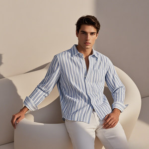 Chemise à manches longues en <span class=keywords><strong>lin</strong></span> pour <span class=keywords><strong>homme</strong></span>, à rayures imprimées, sur mesure, décontractée, boutonnée, pour <span class=keywords><strong>mariage</strong></span> à la plage - Product Image 1