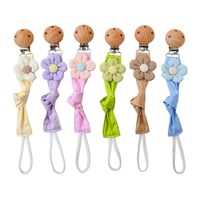 Chaîne de sucette pour bébé en coton avec motif floral, emballage en carton, attache en bois de hêtre de couleur unie pour tétine