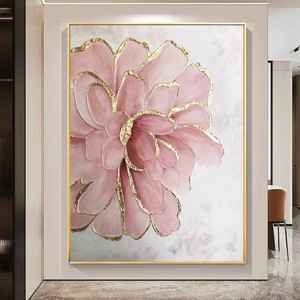 Hand Painted Oil Painting <b>Pink</b> Flower Gold Foil 3D Effect Metal <b>Frame</b> Abstract Art Wall Decor For Living Room Or Dining Room - Product Image 2