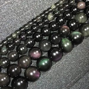 Contas de pedra solta de arco-íris, 8mm, cor obsidiana