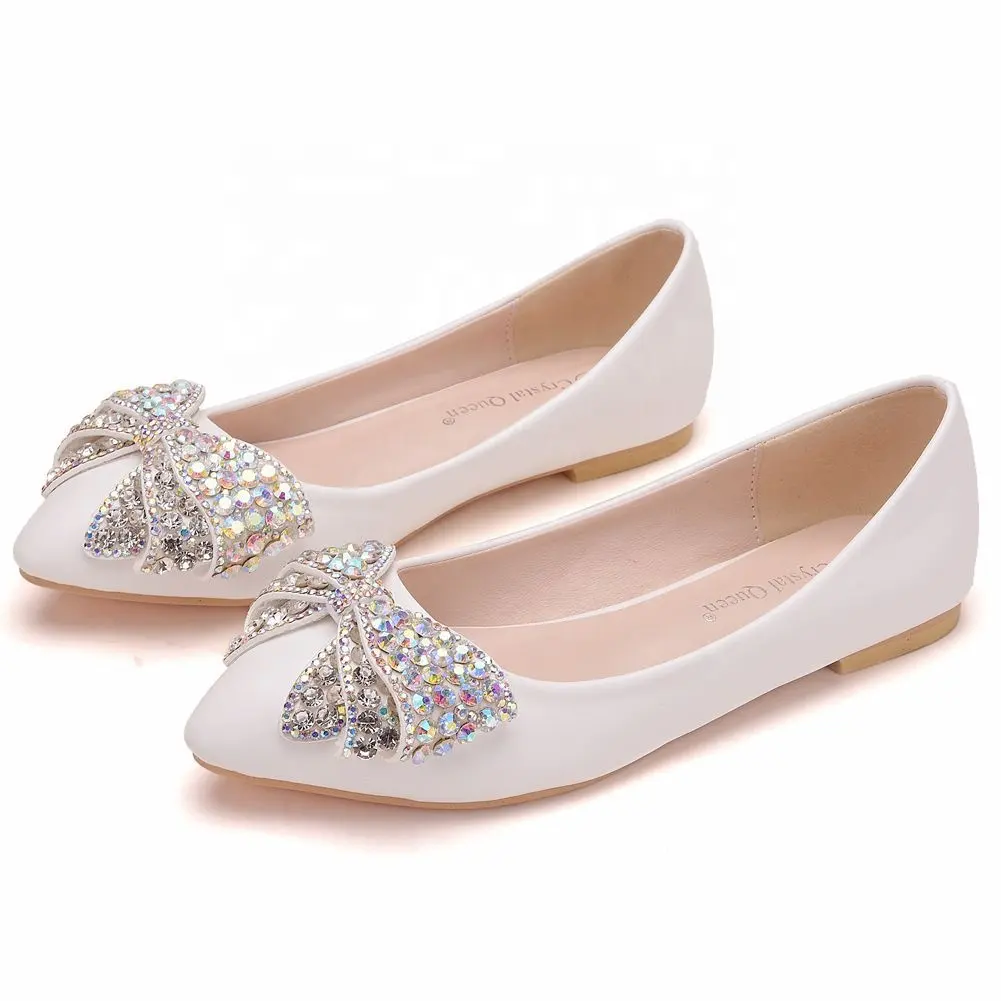 Groothandel Westerse Bruiden Big Size Crystal Strik Witte Schoenen Platte Bruids Trouwschoenen