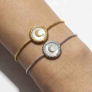 Hammered Rim Round Coin <b>White</b> MOP Crescent Moon Fine Snake Chain <b>Bracelet</b> - Product Image 2