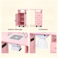 Table de manucure rose mobile, station de salon de manucure avec 3 tiroirs, collecteur de poussière pour ongles, table de manucure mobile