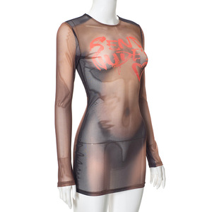 Vestido Negro y Transparente con Estampado REBORN Naranja Intenso para Mujer, Ropa Sexy - Product Image 5