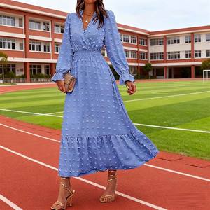 فستان نسائي أنيق عصري بحافة مكشكشة على شكل حرف A-line فستان طويل الأكمام برقبة V لطيف سويسري منقط عالي الخصر فستان غير رسمي لجميع الفصول - Product Image 5