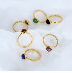 Simple 18K Gold Plated Fine Titanium Steel Ring Colorful natural stone red agate powder crystal amethyst index finger ring