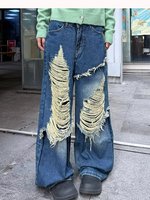 Nouveau Jean d'été pour femme, style Hip Hop Streetwear, taille haute, en denim délavé, à déchirures, coupe ample et jambe large