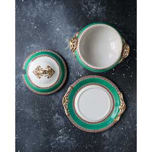 Salsera de Porcelana China de Mediados del Siglo XIX con Tapa y Platillo, Verde Esmeralda y Dorado, Vajilla con Asa - Product Image 4