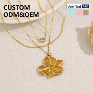 Collier superposé CAIOOCHE, chaîne à perles plaquée or 18 carats avec pendentif tournesol en zircon, collier en acier inoxydable en gros - Product Image 1