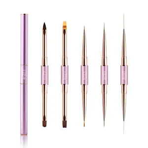 5pcs Set Double Side Nylon Nail Liner Brushes Pink Metal Handle Gel Acrylic Liner Nail Art Brush Set For Nail Design