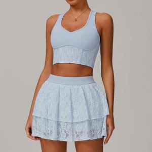 QZ1210卸売女性用ファンシースポーツドレスレースガーゼ通気性のある感じヌードゴルフピクルスボールテニスランニングウェア2個 - Product Image 1
