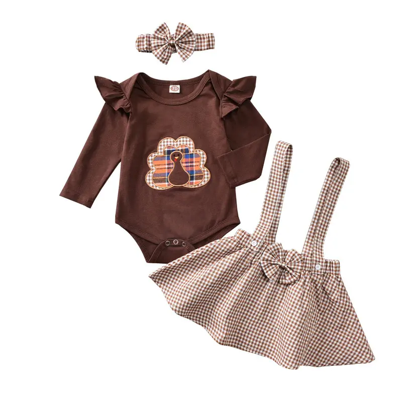 2022 Kids Three Pieces Clothes Set Thanksgiving Day Girl Suspender Plaid Skirt +T-shirt Outfits