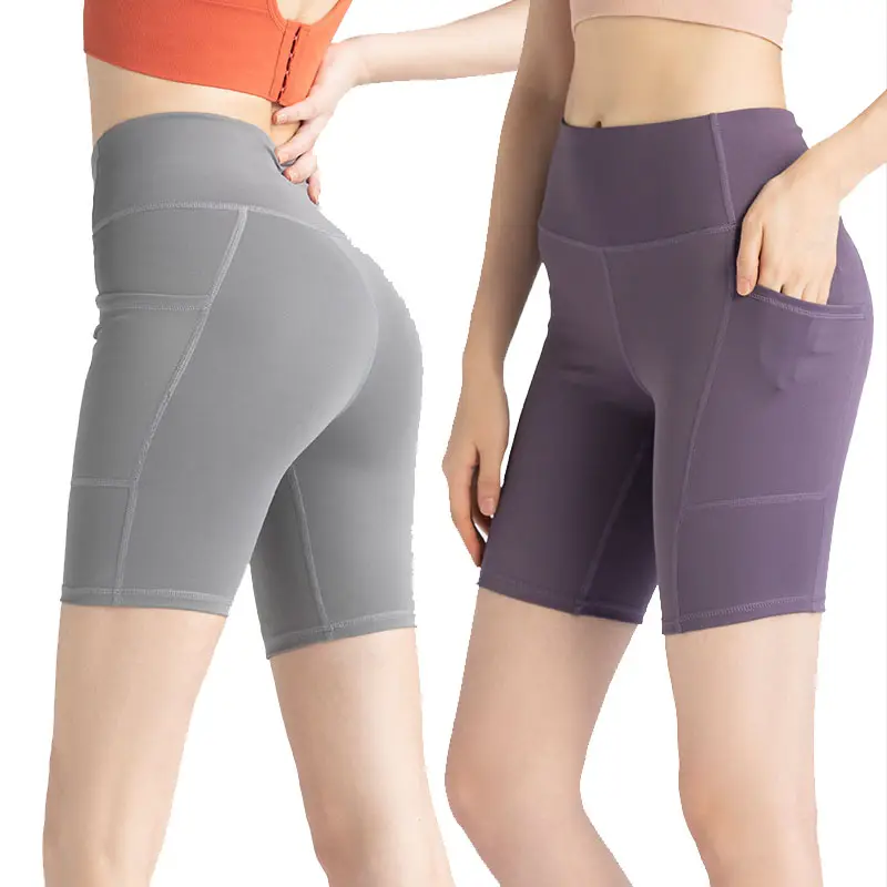 महिलाओं बाइकर जिम शॉर्ट्स आउटडोर लंबी पैदल यात्रा कसरत शॉर्ट्स नियंत्रण पेट टहलना लघु जेब के साथ योग पैंट