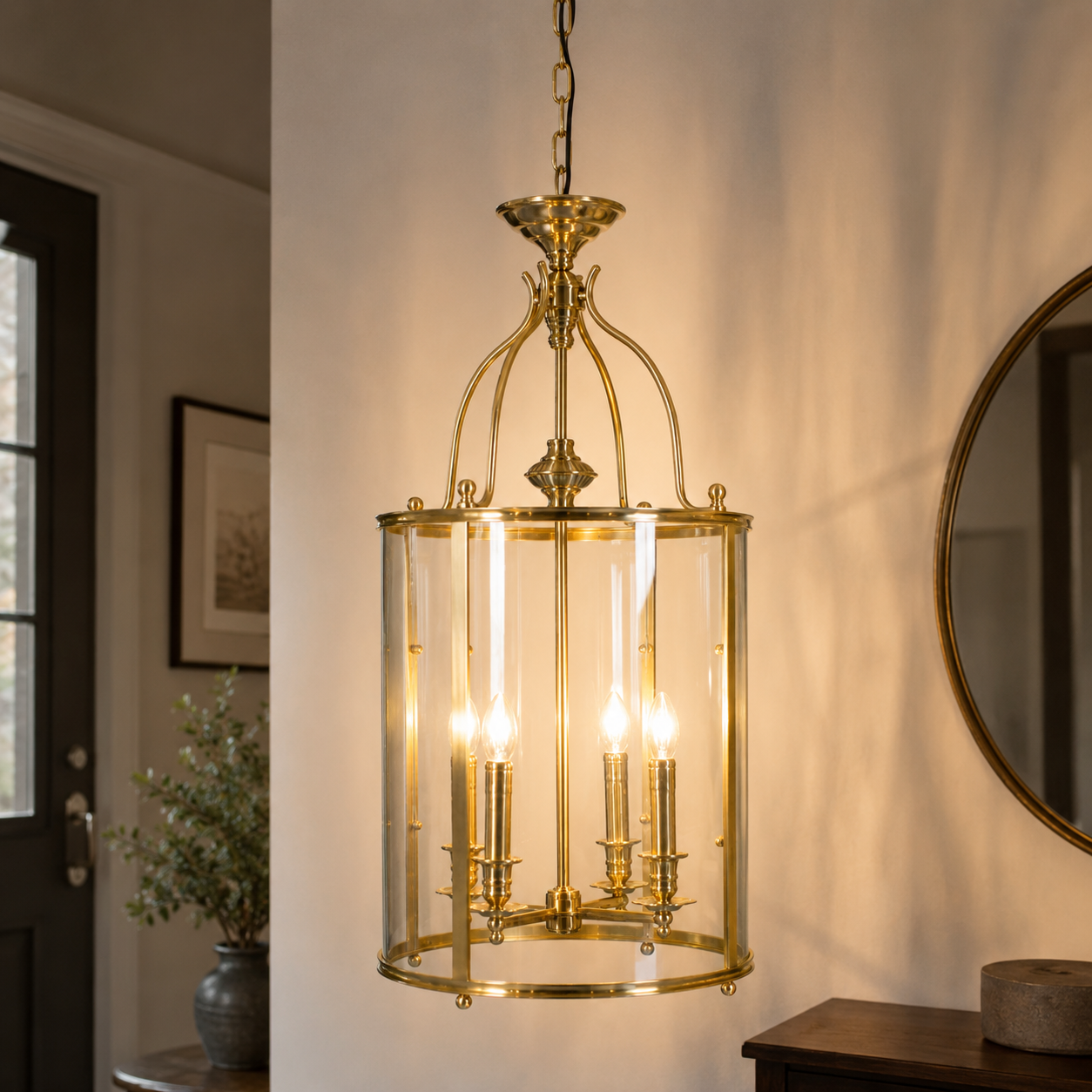 YH Large Gold LED Minimalist High Ceiling 4-Light Polished Brass Lantern Pendant Light Kitchen Island Hanging Chandelier Lamp