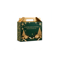 Boîte cadeau personnalisée avec logo, émeraude et or, avec poignée découpée et sapins de Noël dorés pour l'emballage de Noël en vente au détail