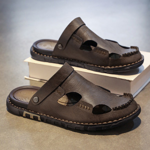 Sandales d'été vintage pour hommes à bout fermé en similicuir, découpées, cousues à la main, résistantes à l'usure, antidérapantes, pour usage quotidien en extérieur - Product Image 3