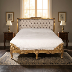 Marco de cama tamaño King de madera de caoba maciza de estilo francés de lujo antiguo dormitorio tradicional tela tapizada muebles de uso doméstico - Product Image 2