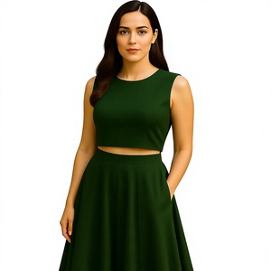 Conjunto Elegante de Dos Piezas Verde para Mujer, Top Corto sin Mangas con Cuello Redondo y Falda Larga con Bolsillos, Corte Regular, para Todas las Temporadas - Product Image 1
