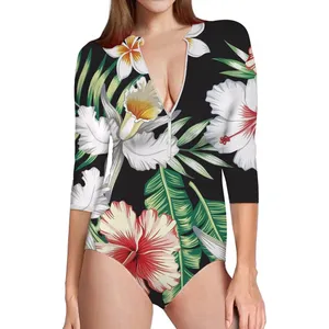 Hot Sale Slimming Beach Wear Hawaii Tropical Bird of Paradise Flower Pattern Half Sleeve with Zipper Swimsuit Women S