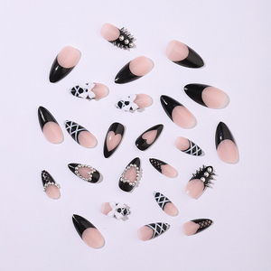 24 <span class=keywords><strong>Uñas</strong></span> Postizas Almendradas Medianas <span class=keywords><strong>con</strong></span> Punta Francesa Negra, Diseño Gótico de Corazón y Lazo, Estilo Stiletto Gyaru, Acrílicas, para Pegar - Product Image 4