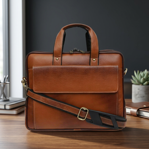 Sac à main bandoulière pour ordinateur portable B S International en cuir véritable marron poli avec fermeture à poignée, idéal pour le bureau, l'école et le quotidien - Product Image 1