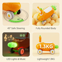 Coche de juguete deslizante para niños al por mayor, modelo Carrot, con dirección segura de 45 grados, carrocería completamente redondeada, luces LED, música y peso ligero.