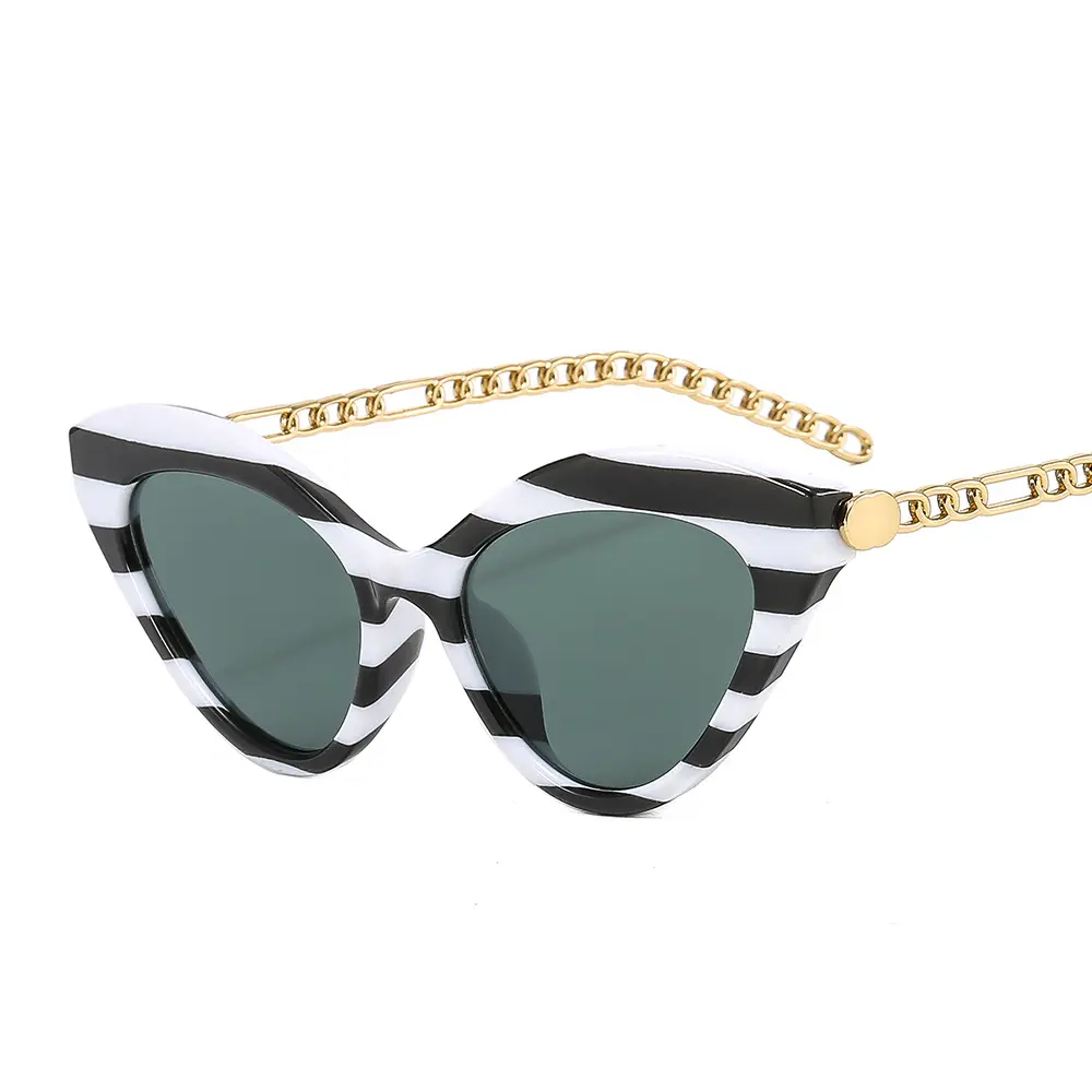 2023 New Style Fashion Women Cat Eye Sun Glasses Popular Gold Chain Leg Zebra Striped Cat Eye Sunglasses