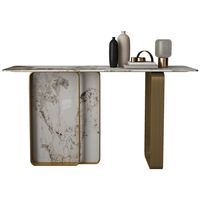 Table console de salon de luxe avec plateau en pierre frittée brillante effet marbre, design moderne, base en acier inoxydable doré et miroir intégré